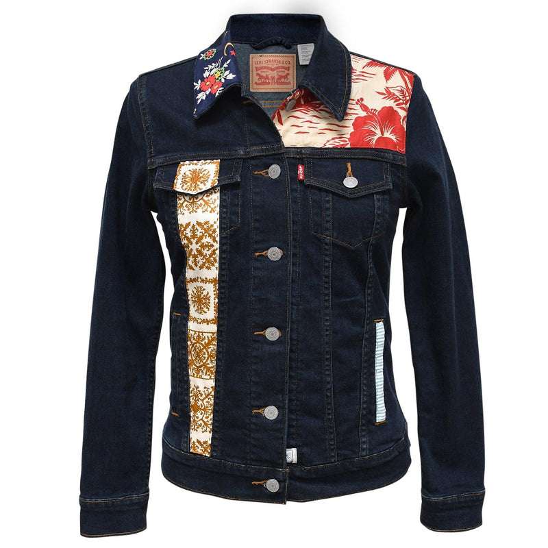 Tissu vintage unique en son genre sur la veste en jean - jamsworld.com