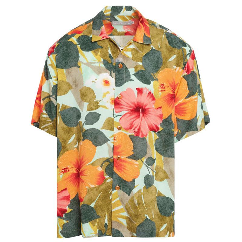 A short sleeved, button down shirt with a notched collar featuring a vibrant tropical print of orange and pink hibiscus flowers and olive green foliage.