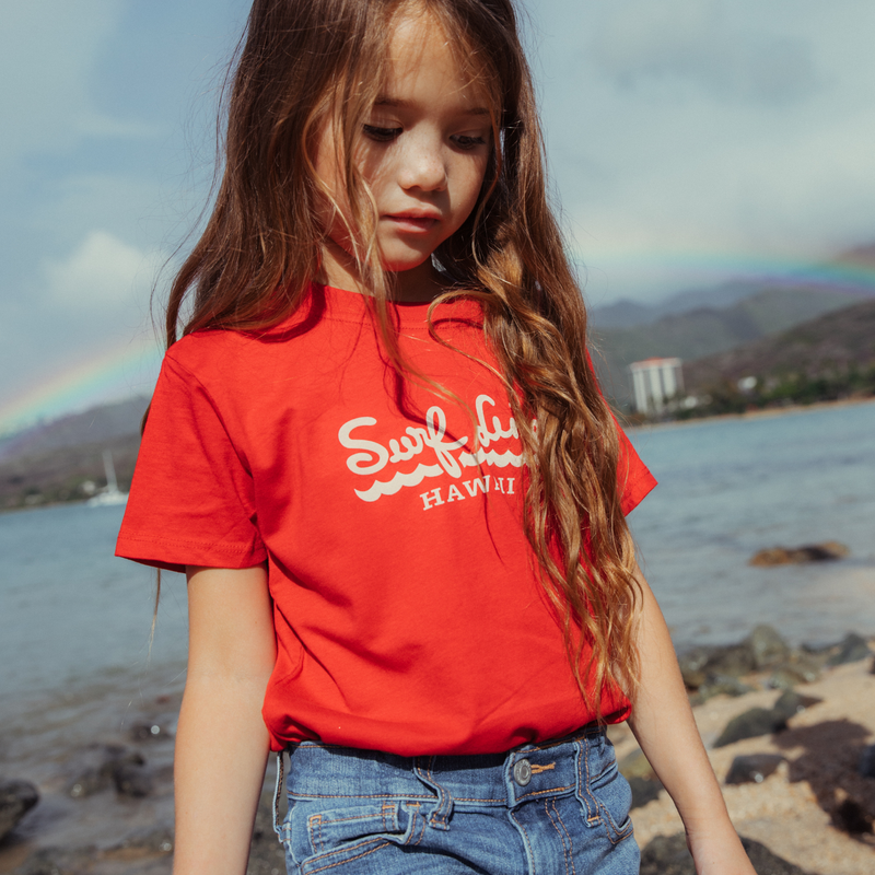 儿童冲浪线夏威夷脚本标志 T 恤红色