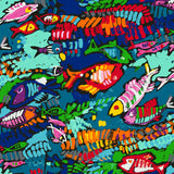 A colorful pattern of various fish in multiple colors on a blue background.