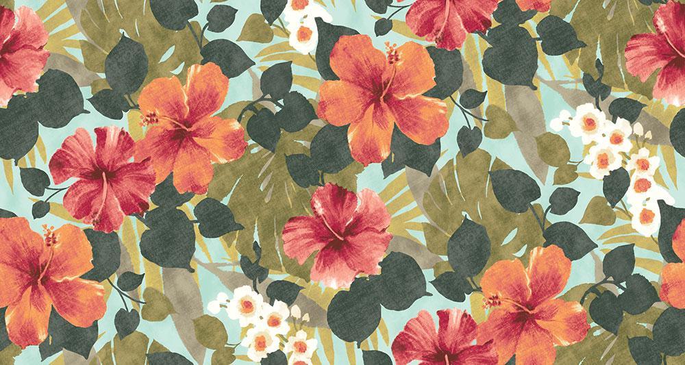 A close up floral pattern featuring large orange and pink hibiscus flowers with dark green and olive leaves on a light teal background.