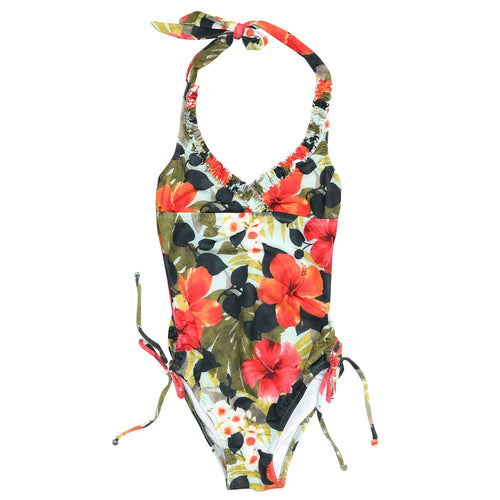 Girl's Ruffle Halter One Piece Swimsuit - Hibiscus Palm - jamsworld.com