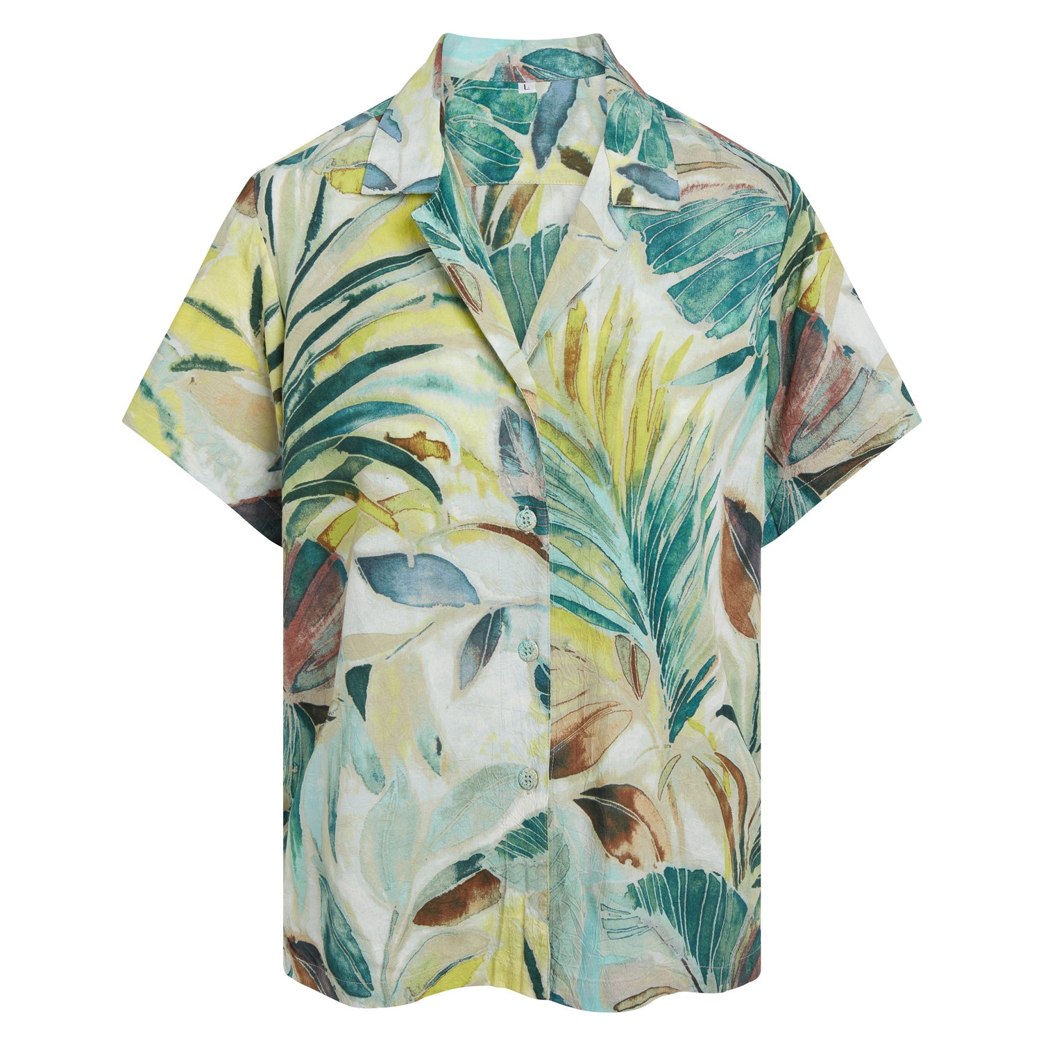  tropical leaf patterned shirt on a white background